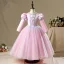 Vintage / Retro Pearl Pink Birthday Flower Girl Dresses 2020 Princess Scoop Neck Puffy Long Sleeve Beading Floor-Length / Long Ruffle