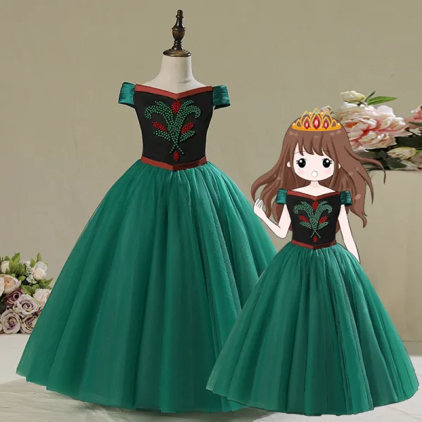 Frozen Costume Dark Green Birthday Flower Girl Dresses 2020 Ball Gown Off-The-Shoulder Short Sleeve Backless Sash Beading Floor-Length / Long Ruffle