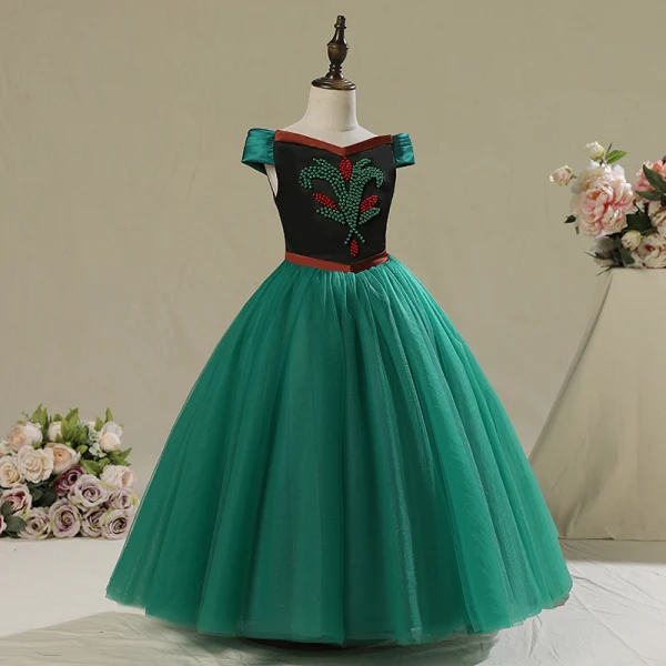 Frozen Costume Dark Green Birthday Flower Girl Dresses 2020 Ball Gown Off-The-Shoulder Short Sleeve Backless Sash Beading Floor-Length / Long Ruffle