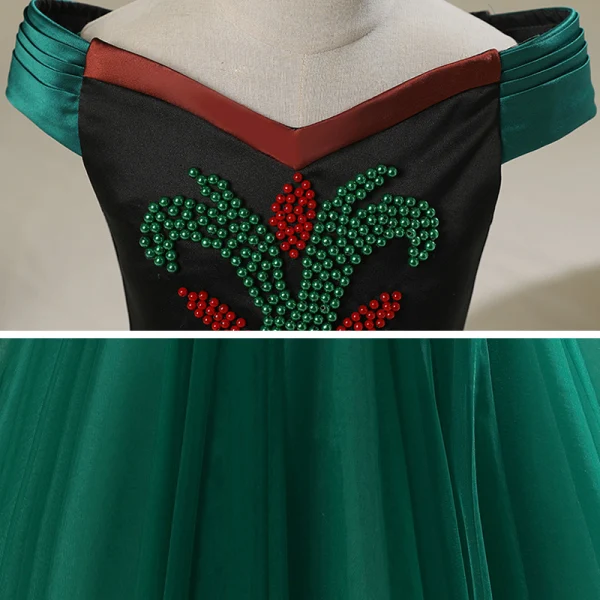 Frozen Costume Dark Green Birthday Flower Girl Dresses 2020 Ball Gown Off-The-Shoulder Short Sleeve Backless Sash Beading Floor-Length / Long Ruffle