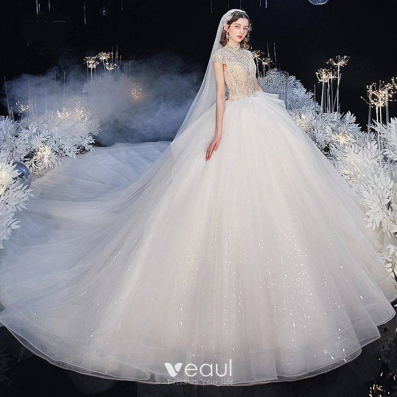 Ruffles Tulle High Neck Beading Short Sleeve Wedding Dress