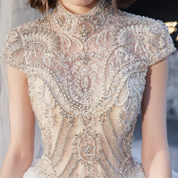 Luxury / Gorgeous Ivory See-through Bridal Wedding Dresses 2020 Ball Gown High Neck Short Sleeve Backless Beading Glitter Tulle Royal Train Ruffle