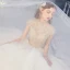 Luxury / Gorgeous Ivory See-through Bridal Wedding Dresses 2020 Ball Gown High Neck Short Sleeve Backless Beading Glitter Tulle Royal Train Ruffle