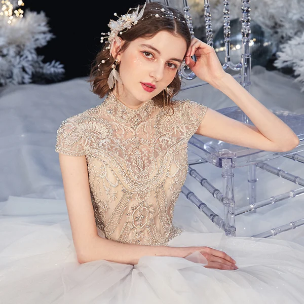 Luxury / Gorgeous Ivory See-through Bridal Wedding Dresses 2020 Ball Gown High Neck Short Sleeve Backless Beading Glitter Tulle Royal Train Ruffle
