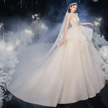 Vintage Retro Champagne See Through Bridal Wedding Dresses 2020 Ball Gown High Neck Sleeveless Backless Appliques Sequins Beading Glitter Tulle Cathedral Train Ruffle