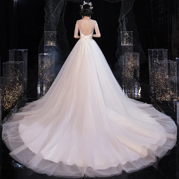 Elegant Ivory See-through Bridal Wedding Dresses 2020 Ball Gown Scoop Neck 1/2 Sleeves Backless Beading Glitter Tulle Chapel Train Ruffle