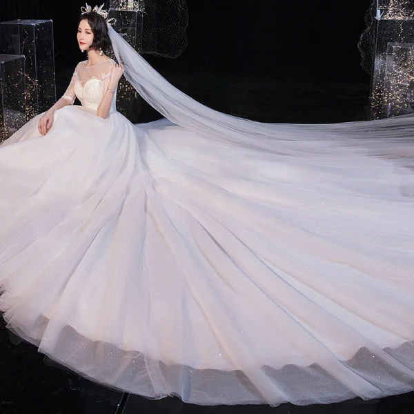 Elegant Ivory See-through Bridal Wedding Dresses 2020 Ball Gown Scoop Neck 1/2 Sleeves Backless Beading Glitter Tulle Chapel Train Ruffle