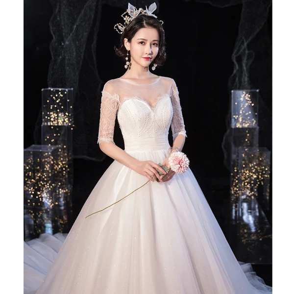 Elegant Ivory See-through Bridal Wedding Dresses 2020 Ball Gown Scoop Neck 1/2 Sleeves Backless Beading Glitter Tulle Chapel Train Ruffle