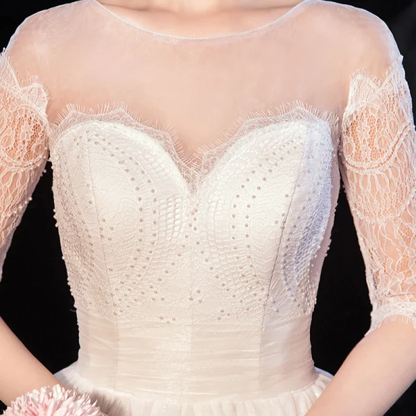 Elegant Ivory See-through Bridal Wedding Dresses 2020 Ball Gown Scoop Neck 1/2 Sleeves Backless Beading Glitter Tulle Chapel Train Ruffle