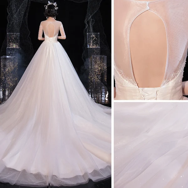 Elegant Ivory See-through Bridal Wedding Dresses 2020 Ball Gown Scoop Neck 1/2 Sleeves Backless Beading Glitter Tulle Chapel Train Ruffle