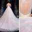 Elegant Ivory See-through Bridal Wedding Dresses 2020 Ball Gown Scoop Neck 1/2 Sleeves Backless Beading Glitter Tulle Chapel Train Ruffle