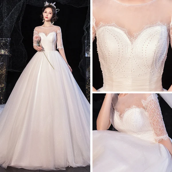Elegant Ivory See-through Bridal Wedding Dresses 2020 Ball Gown Scoop Neck 1/2 Sleeves Backless Beading Glitter Tulle Chapel Train Ruffle