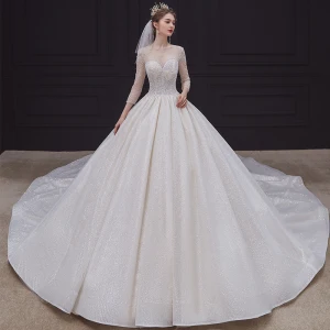 High End Champagne Genomskinliga Brud Bröllopsklänningar 2020 Balklänning Urringning 3 4 Ärm Halterneck Beading Glittriga Glitter Tyll Cathedral Train Ruffle