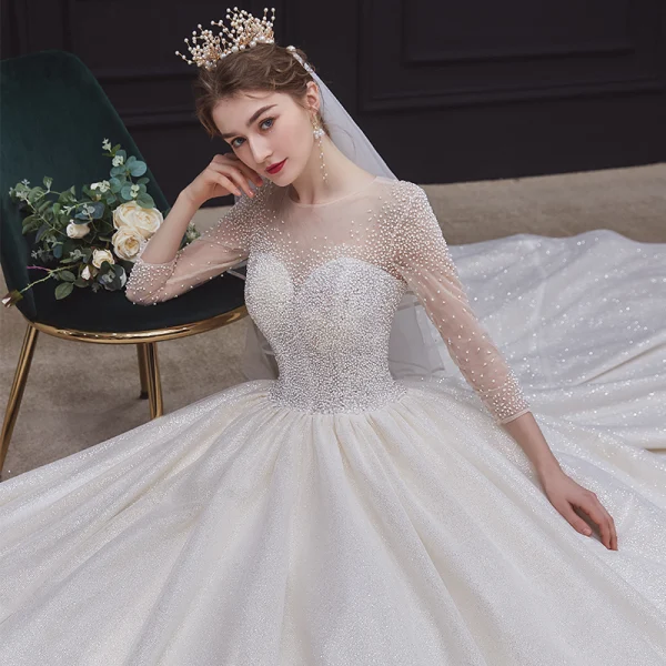 High-end Champagne See-through Bridal Wedding Dresses 2020 Ball Gown Scoop Neck 3/4 Sleeve Backless Beading Glitter Tulle Cathedral Train Ruffle