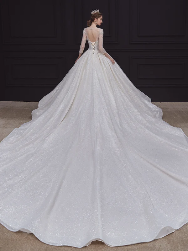 High-end Champagne See-through Bridal Wedding Dresses 2020 Ball Gown Scoop Neck 3/4 Sleeve Backless Beading Glitter Tulle Cathedral Train Ruffle