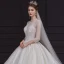 High-end Champagne See-through Bridal Wedding Dresses 2020 Ball Gown Scoop Neck 3/4 Sleeve Backless Beading Glitter Tulle Cathedral Train Ruffle
