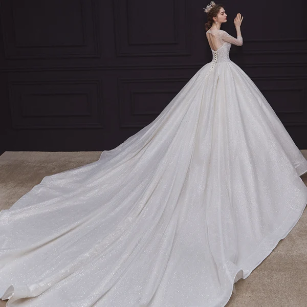 High-end Champagne See-through Bridal Wedding Dresses 2020 Ball Gown Scoop Neck 3/4 Sleeve Backless Beading Glitter Tulle Cathedral Train Ruffle