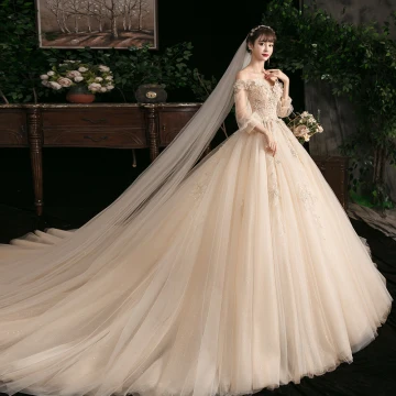Victorian Style Champagne Bridal Wedding Dresses 2020 Ball Gown Off The Shoulder Puffy 3 4 Sleeve Backless Appliques Lace Flower Beading Glitter Tulle Cathedral Train Ruffle