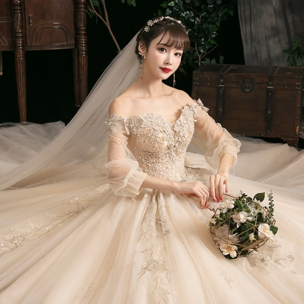 Style Victorien Champagne La Mariée Robe De Mariée 2020 Robe Boule De l'épaule Gonflée 3/4 Manches Dos Nu Appliques En Dentelle Fleur Perlage Glitter Tulle Cathedral Train Volants