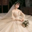 Style Victorien Champagne La Mariée Robe De Mariée 2020 Robe Boule De l'épaule Gonflée 3/4 Manches Dos Nu Appliques En Dentelle Fleur Perlage Glitter Tulle Cathedral Train Volants