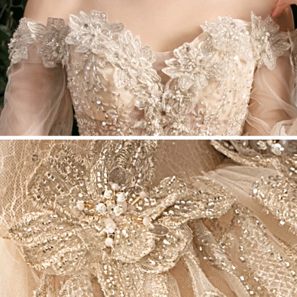 Style Victorien Champagne La Mariée Robe De Mariée 2020 Robe Boule De l'épaule Gonflée 3/4 Manches Dos Nu Appliques En Dentelle Fleur Perlage Glitter Tulle Cathedral Train Volants