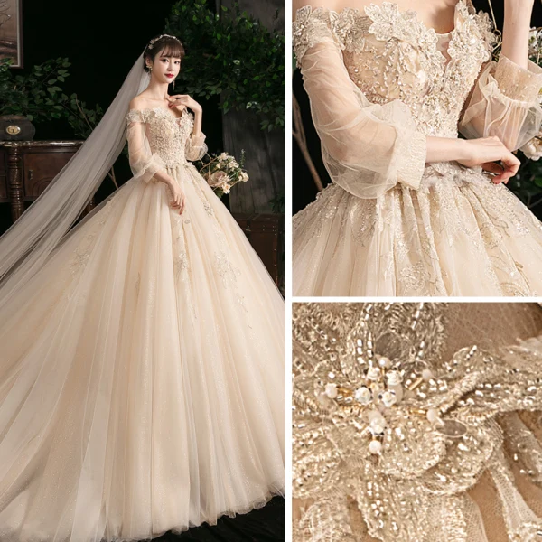 Style Victorien Champagne La Mariée Robe De Mariée 2020 Robe Boule De l'épaule Gonflée 3/4 Manches Dos Nu Appliques En Dentelle Fleur Perlage Glitter Tulle Cathedral Train Volants