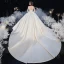 Illusion Ivory Satin Bridal Wedding Dresses 2020 Ball Gown See-through Scoop Neck Short Sleeve Backless Beading Appliques Lace Cathedral Train