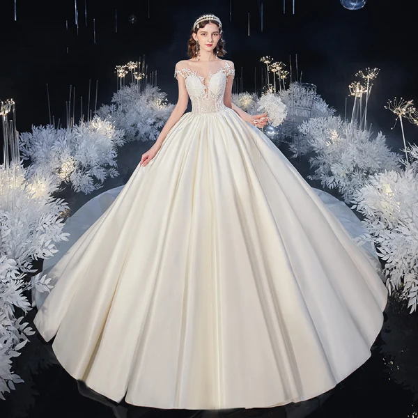 Illusion Ivory Satin Bridal Wedding Dresses 2020 Ball Gown See-through Scoop Neck Short Sleeve Backless Beading Appliques Lace Cathedral Train