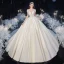 Illusion Ivory Satin Bridal Wedding Dresses 2020 Ball Gown See-through Scoop Neck Short Sleeve Backless Beading Appliques Lace Cathedral Train