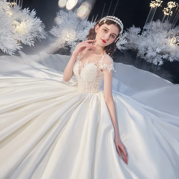 Illusion Ivory Satin Bridal Wedding Dresses 2020 Ball Gown See-through Scoop Neck Short Sleeve Backless Beading Appliques Lace Cathedral Train