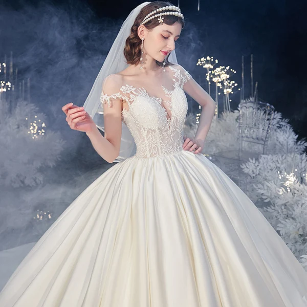 Illusion Ivory Satin Bridal Wedding Dresses 2020 Ball Gown See-through Scoop Neck Short Sleeve Backless Beading Appliques Lace Cathedral Train