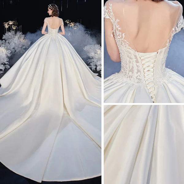 Illusion Ivory Satin Bridal Wedding Dresses 2020 Ball Gown See-through Scoop Neck Short Sleeve Backless Beading Appliques Lace Cathedral Train