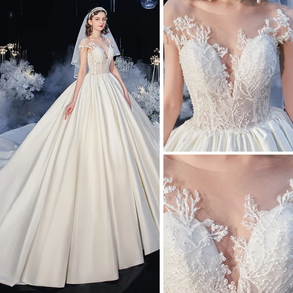 Illusion Ivory Satin Bridal Wedding Dresses 2020 Ball Gown See-through Scoop Neck Short Sleeve Backless Beading Appliques Lace Cathedral Train