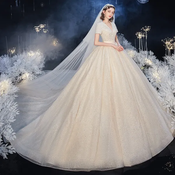 Luxury / Gorgeous Champagne Bridal Wedding Dresses 2020 Ball Gown V-Neck Short Sleeve Beading Pearl Glitter Tulle Cathedral Train Ruffle