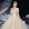 Luxury / Gorgeous Champagne Bridal Wedding Dresses 2020 Ball Gown V-Neck Short Sleeve Beading Pearl Glitter Tulle Cathedral Train Ruffle