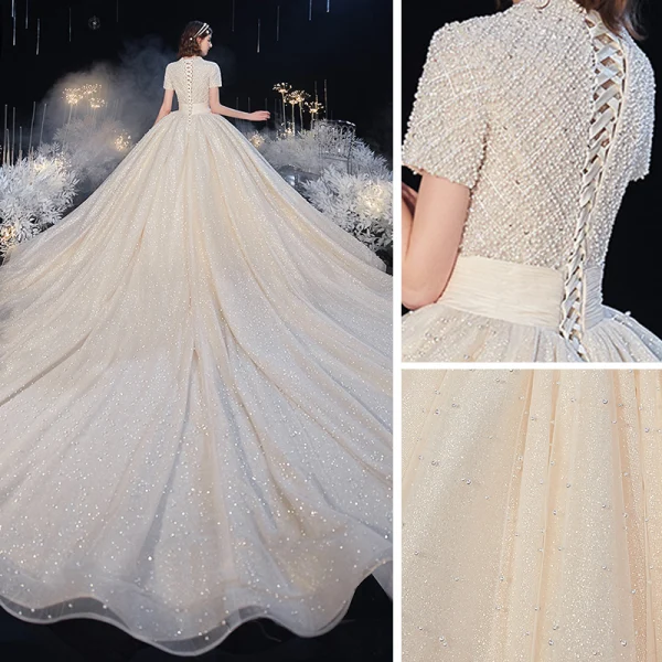 Luxe Champagne La Mariée Robe De Mariée 2020 Robe Boule V-Cou Manches Courtes Perlage Perle Glitter Tulle Cathedral Train Volants