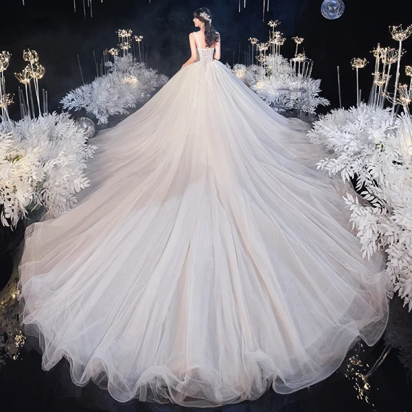 Luxury / Gorgeous Ivory Bridal Wedding Dresses 2020 Ball Gown Scoop Neck Sleeveless Backless Sequins Beading Cathedral Train Ruffle