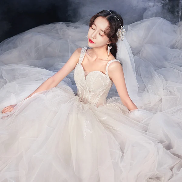 Luxury / Gorgeous Ivory Bridal Wedding Dresses 2020 Ball Gown Scoop Neck Sleeveless Backless Sequins Beading Cathedral Train Ruffle