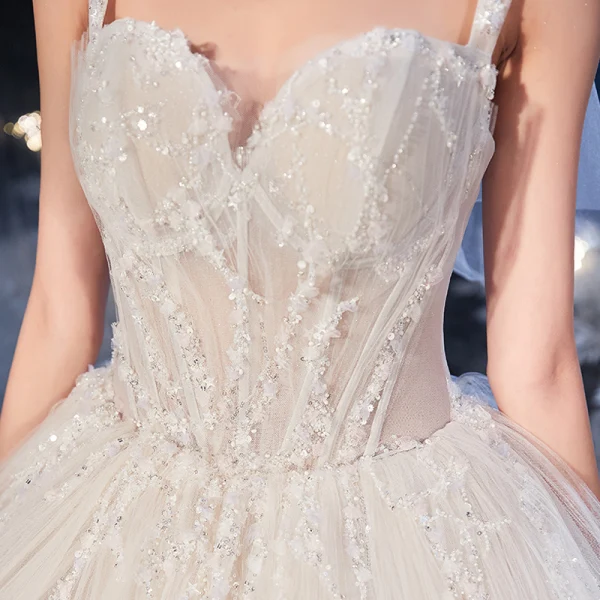 Luxury / Gorgeous Ivory Bridal Wedding Dresses 2020 Ball Gown Scoop Neck Sleeveless Backless Sequins Beading Cathedral Train Ruffle
