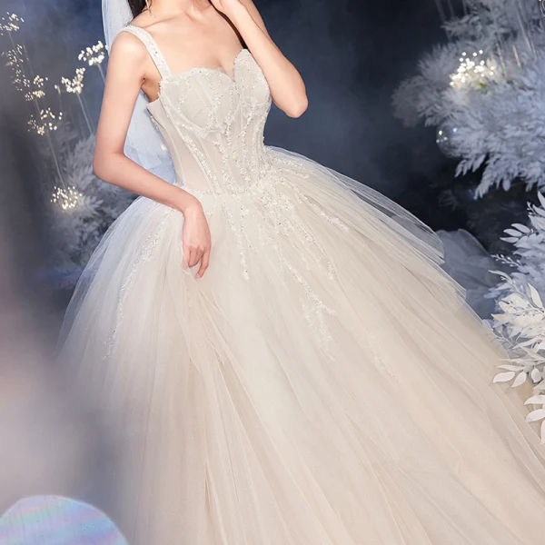 Luxury / Gorgeous Ivory Bridal Wedding Dresses 2020 Ball Gown Scoop Neck Sleeveless Backless Sequins Beading Cathedral Train Ruffle
