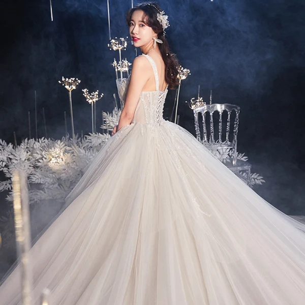 Luxury / Gorgeous Ivory Bridal Wedding Dresses 2020 Ball Gown Scoop Neck Sleeveless Backless Sequins Beading Cathedral Train Ruffle