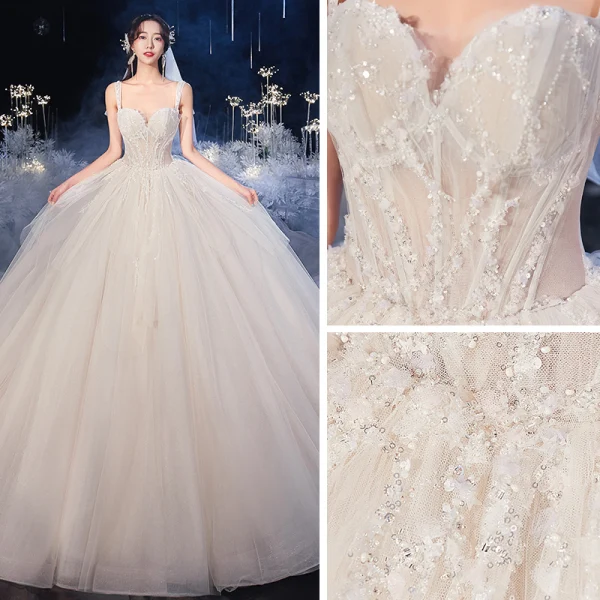 Luxury / Gorgeous Ivory Bridal Wedding Dresses 2020 Ball Gown Scoop Neck Sleeveless Backless Sequins Beading Cathedral Train Ruffle