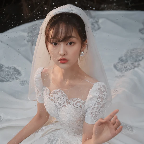 Vintage / Retro White Satin Bridal Wedding Dresses 2020 Ball Gown See-through Scoop Neck Short Sleeve Backless Beading Pierced Appliques Lace Cathedral Train