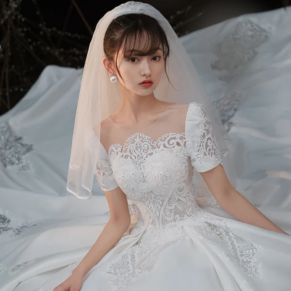 Vintage / Retro White Satin Bridal Wedding Dresses 2020 Ball Gown See-through Scoop Neck Short Sleeve Backless Beading Pierced Appliques Lace Cathedral Train
