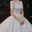 Vintage / Retro White Satin Bridal Wedding Dresses 2020 Ball Gown See-through Scoop Neck Short Sleeve Backless Beading Pierced Appliques Lace Cathedral Train