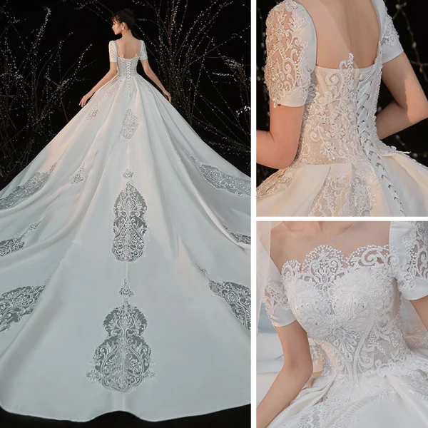 Vintage / Retro White Satin Bridal Wedding Dresses 2020 Ball Gown See-through Scoop Neck Short Sleeve Backless Beading Pierced Appliques Lace Cathedral Train
