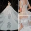 Vintage / Retro White Satin Bridal Wedding Dresses 2020 Ball Gown See-through Scoop Neck Short Sleeve Backless Beading Pierced Appliques Lace Cathedral Train