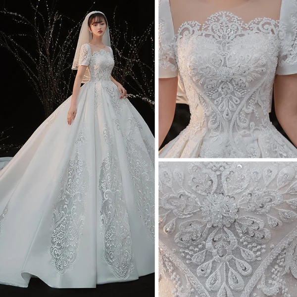 Vintage / Retro White Satin Bridal Wedding Dresses 2020 Ball Gown See-through Scoop Neck Short Sleeve Backless Beading Pierced Appliques Lace Cathedral Train
