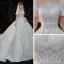 Vintage / Retro White Satin Bridal Wedding Dresses 2020 Ball Gown See-through Scoop Neck Short Sleeve Backless Beading Pierced Appliques Lace Cathedral Train