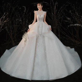 Vintage Retro Ivory Bridal Wedding Dresses 2020 Ball Gown High Neck Sleeveless Backless Glitter Tulle Sequins Beading Cathedral Train Ruffle